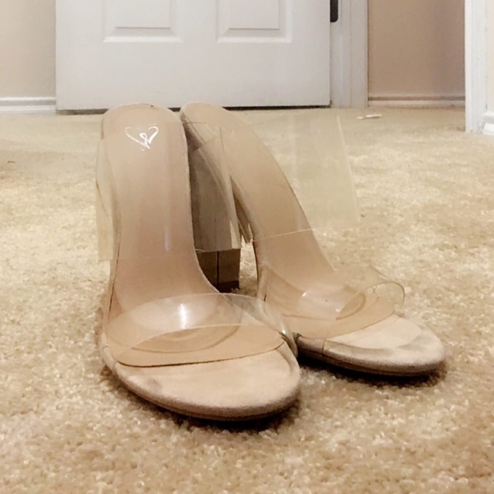 Double strap Prespex heels with clear block heel.